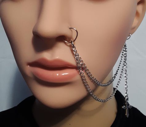 Nose Ring Chain To Ear, Chain Nose Ring, Nose To Ear Chain, Nose Ring Chain, Nose Chain, Chains Aesthetic, Edgy Jewelry, Ear Chain, Metal Spikes