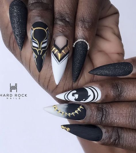 Black Panther Nails, Panther Nails, Panthers Nails, Avengers Nails, Batman Nails, Marvel Nails, Fingernails Painted, Disney Acrylic Nails, Skull Nails