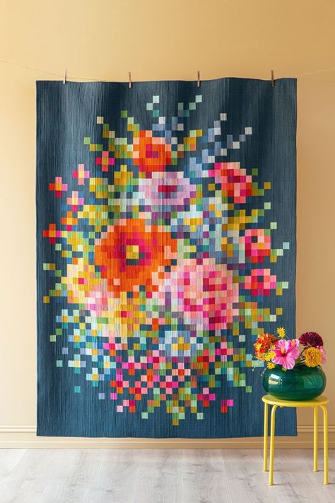 Embroidery Flower Quilt, Pixel Quilt Pattern, Pixel Quilting, Flower Quilt Patterns, Flower Quilts, Quilt Stores, Flower Quilt, Fabric Kit, Patchwork Quilt Patterns