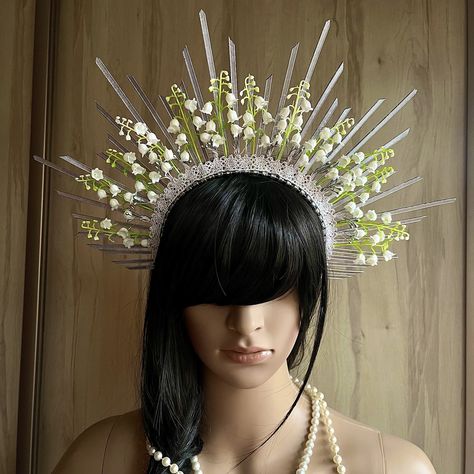 Photoshoot For Wedding, Halo Crowns, Crown Headdress, Spring Headband, Goddess Crown, Fairy Crown, Silver Head Piece, Halo Crown, Lily Of The Valley Flowers