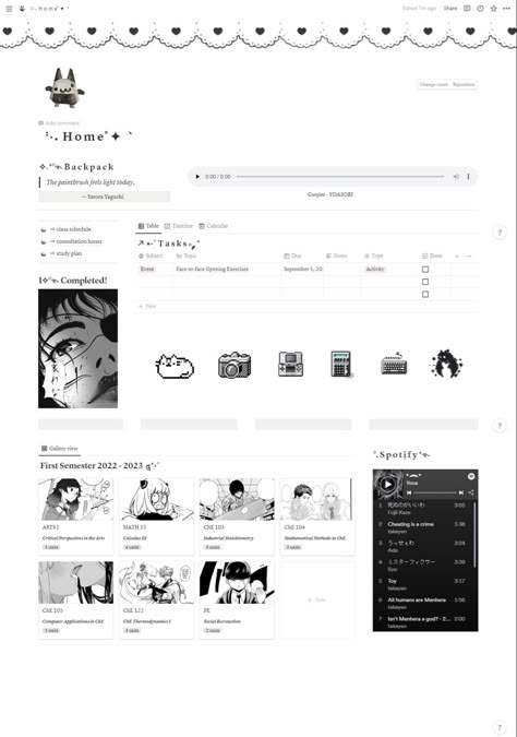 I only use this for task management since I’m not fond of overly complicated templates. The gallery below contains basic information about my courses so they’re basically there just for aesthetic reasons (lmao). Aesthetic Blog Template, Goth Notion Template, Gothic Notion Template, Templates About Me, Cardd Inspo, Notion Inspiration, Notion Library, Study Planner Free, Free Notion Templates
