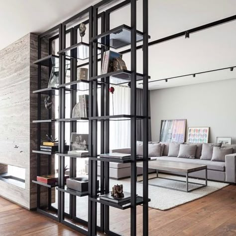 Storage As A Part Of Decor: 25 Inspiring Ideas Appartment Decor, Living Room Black, Bookcase Design, Living Room Partition, Living Room Partition Design, Room Partition Designs, Room Black, Showroom Design, Partition Design