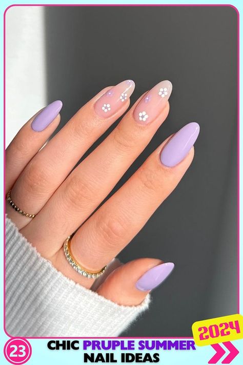 Almond-shaped nails painted in soft purple gel with dainty white floral accents. Simple yet elegant, these purple summer nails are perfect for a minimalist summer look, suitable for any occasion. Pastel Pink Nail Designs, Purple Almond Nails, Summer Almond Nails, Cute Nail Art Ideas, Almond Shaped Nails Designs, Nail Art Cute, Pink Flower Nails, Pastel Pink Nails, Summer Nails Almond