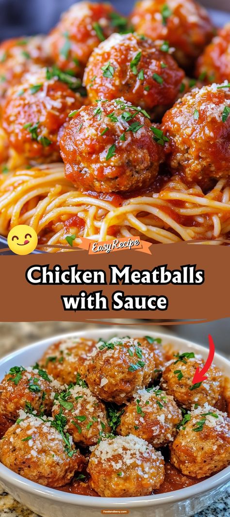 Savor the homemade goodness of Chicken Meatballs with Sauce, where juicy chicken meatballs are simmered in a savory tomato sauce. This dish is perfect for serving over spaghetti or as a hearty appetizer. The rich flavors and tender meatballs make every bite satisfying and delicious. #ChickenMeatballs #TomatoSauce #ComfortFood Chicken Meatballs Spaghetti, Chicken Meatballs And Spaghetti, Chicken Meatballs With Gravy, Spaghetti Meatballs Sauce, Best Chicken Meatballs, Easy Chicken Meatballs, Meatballs With Sauce, Hearty Appetizer, Chicken Meatball Recipe