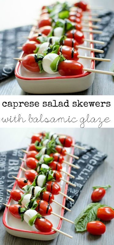 Caprese Salad Skewers with Balsamic Glaze - Tomatoes, basil and mozzarella drizzled with balsamic glaze makes a simple and pretty appetizer plate. Jalapeno Recipes Appetizers, Friendsgiving Recipes Appetizers, Pilsbury Recipes, Salad Caprese, Salad Skewers, Caprese Salad Skewers, Ensalada Caprese, Thanksgiving Appetizer Recipes, Appetizer Plate