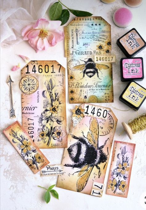 French Collage, Large Gift Tags, Waterslide Decal Paper, Gold Acrylic Paint, Tim Holtz Distress Ink, Mixed Media Cards, Mixed Media Tags, Scrapbook Tag, Fairy Friends