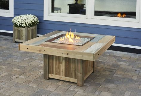 Vintage Square Gas Fire Pit Table | The Outdoor Greatroom Company Fire Pit Gallery, Faux Wood Tiles, Firepit Table, Cedar Paneling, Natural Gas Fire Pit, Modern Fire Pit, Wood Fire Pit, Fire Pit Furniture, Gas Fire Table