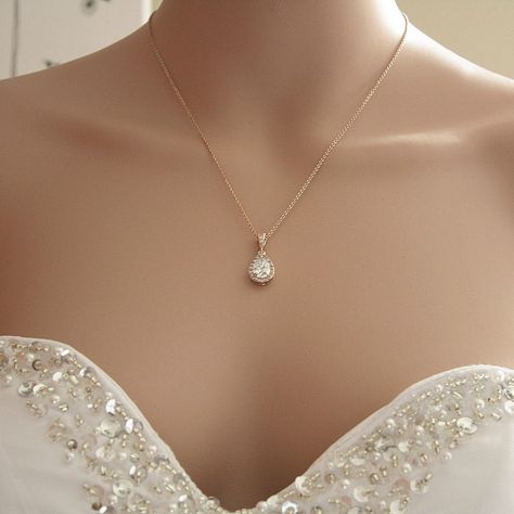 Dainty and small gold wedding pendant necklace with Cubic Zirconia tear drop set in an open setting. Will also work great as a bridesmaid necklace or gift. Created with 14k Gold plated brass bezel and surrounded by tiny cubic zirconia crystals, it is 12mm in size. I have put it onto a cubic zirconia detailed bail in gold plated brass and finished with a gold plated chain. Chain length is available in two sizes, 16 inches and 18 inches and both come with an additional 2 inches extension chain. Ma Simple Wedding Jewelry Sets, Gold Bridesmaid Jewelry Sets, Rose Gold Bridesmaid Jewelry, Rose Gold Jewelry Set, Wedding Jewelry Simple, Gold Bridesmaid Jewelry, Gold Necklace Wedding, Beautiful Gold Necklaces, Bridesmaid Gifts Jewelry