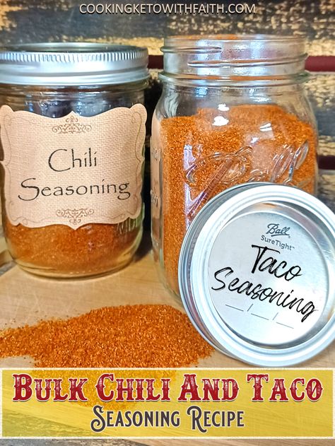 Bulk Chili And Taco Seasoning Diy Chili Seasoning, Chili Seasoning Mix Recipe, Steamed Wontons, Bulk Recipes, Chili Seasoning Recipe, Keto Taco Seasoning, Homemade Dry Mixes, Chicken And Rice Dishes, Taco Mix