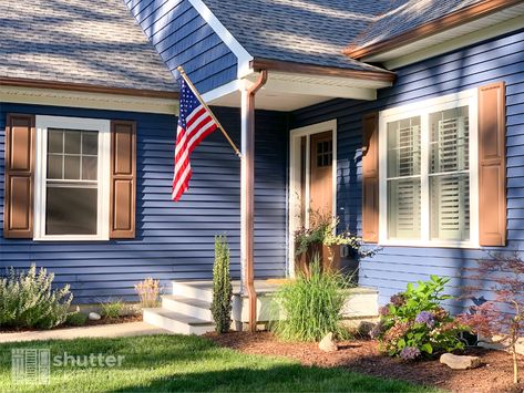 Blue House With Brown Shutters, Blue House Cedar Shutters, Blue House Brown Shutters, Blue House Wood Shutters, Blue House With Wood Shutters, Blue Paneling, Home Shutters, Blue Vinyl Siding, Brown Shutters