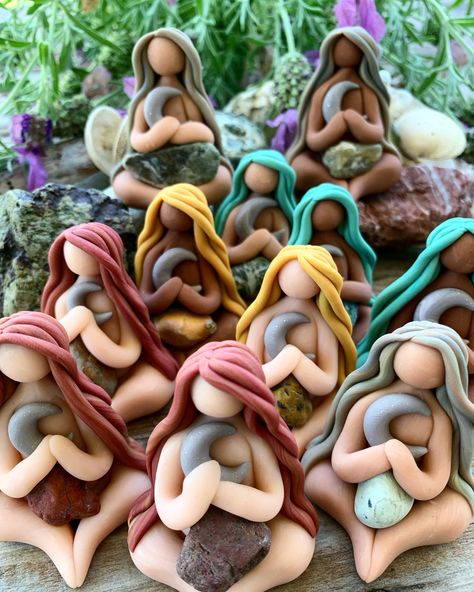 Handmade polymer clay goddesses, and more! Clay Goddess Tutorial, Air Dry Clay Goddess Diy, Polymer Clay Crafts Fairy, Diy Clay Goddess Statue, Hand Sculpted Clay, Witchy Clay Projects, Polymer Clay Goddess Tutorial, Goddess Clay Sculpture, Polymer Clay Figurines People