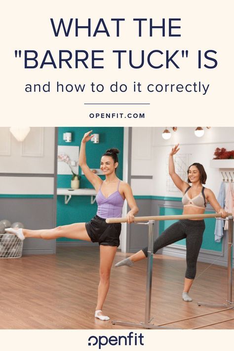 On a higher level, the barre tuck is a common cue in barre classes — instructors often use it as a reminder for you to shift the position of your hips, spine and abdominals. Be sure to check out the video below to watch the breakdown of proper alignment in a barre class! #openfit Xtend Barre, Barre Moves, Ballet Barre Workout, Workout Program Gym, Beginner Workout At Home, Barre Classes, Yoga Barre, Cute Workout Outfits, Pilates Instructor