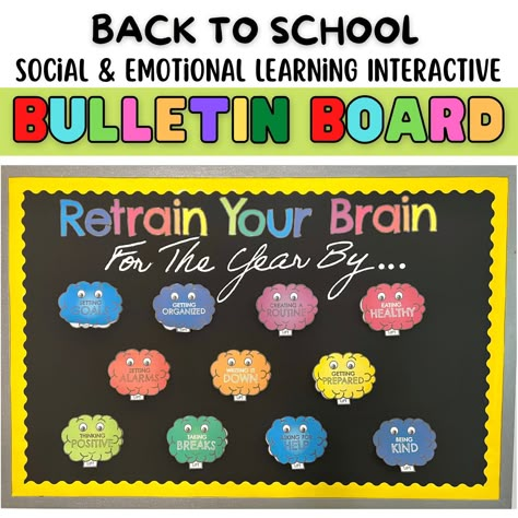 This interactive Printable PDF bulletin board is the perfect way to get students back in the mind frame of returning to school through a little bit of Social & Emotional Learning. This board is all about students retraining their brain for the school year by following 11 different tips to encourage school readiness and being the best versions of themselves. It Includes the following tips; Setting goals, Getting Organized, Creating a Routine, Eating Healthy, Setting Alarms, Writing it Down, Getti Socio Emotional Bulletin Boards, Second Step Bulletin Board, Counselor Bulletin Boards Middle, School Psych Bulletin Boards, Back To School Health Bulletin Boards, Counseling Bulletin Boards Middle School, School Social Work Bulletin Boards, Elementary School Counseling Bulletin Boards, School Social Worker Bulletin Board