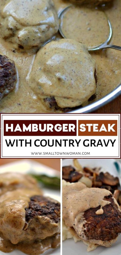 Hamburger Steak with Country Gravy is a family favorite! This easy summer recipe features inexpensive ground beef that is quickly prepared in one skillet. The perfect comfort food for a weeknight dinner. Pin this summer menu idea for later! Country Gravy Recipe, فاصوليا خضراء, Ground Beef Patties, بطاطس مهروسة, Hamburger Steak And Gravy, Southern Green Beans, Pan Gravy, Over Mashed Potatoes, Country Gravy