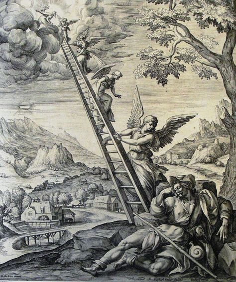 The Phillip Medhurst Picture Torah 146. Jacob's Dream. Genesis cap 28 v 12. De Vos Ladder To Heaven, Scene Tattoo, Jacobs Ladder, Alchemy Art, Modern Graphic Art, Bible Illustrations, Jacob's Ladder, Bible Pictures, Religious Illustration