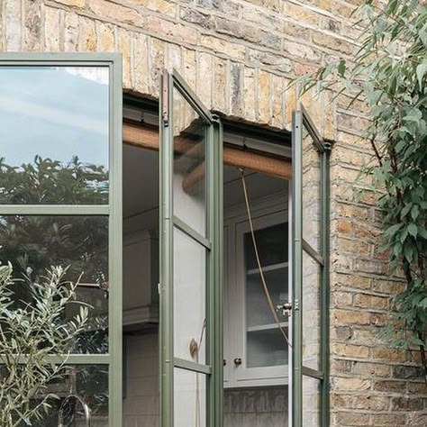 Steel Windows Design, Sage Green French Doors, Green Glass Door, Architecture Windows, Crittal Doors, Cottage Extension, Lodge Ideas, Windows Design, Crittal Windows