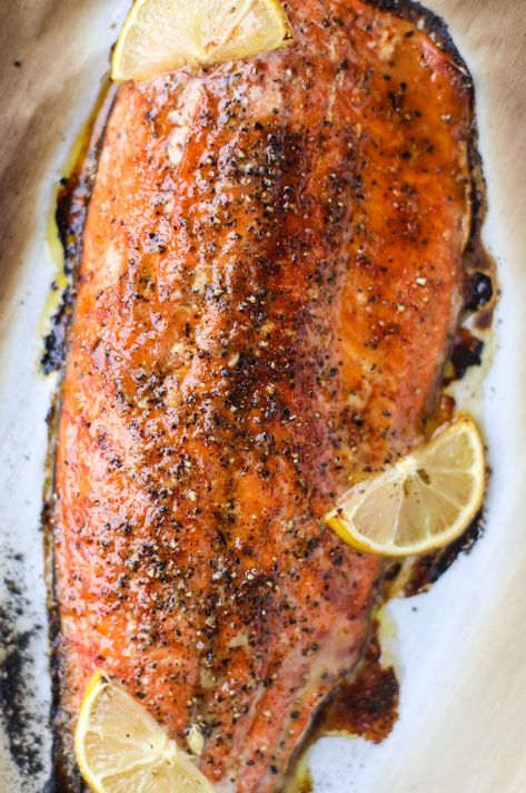 Mikes Hot Honey, Hot Honey Salmon, Honey Salmon Recipes, Roasted Salmon Recipes, Salads For Lunch, Hot Honey Recipe, Oven Roasted Salmon, Honey Salmon, Garlic Butter Salmon