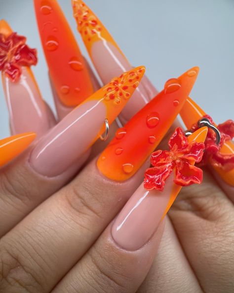 NAIL ARTIST · COACHING PRIVÉ · VILLEJUIF | summer flower 🧡✨ #nails #nailsnailsnails #nailsofinstagram #gelx #gelxnails #nailsart #3dnails #3dflowernails #xlnails #longnails #3dart | Instagram Summer Flower Nails, Pink Flower Nails, Orange Acrylic Nails, Acrylic Nails Stiletto, 3d Flower Nails, Flowers Tropical, Acrylic Toe Nails, Acrylic Toes, Inspo Instagram