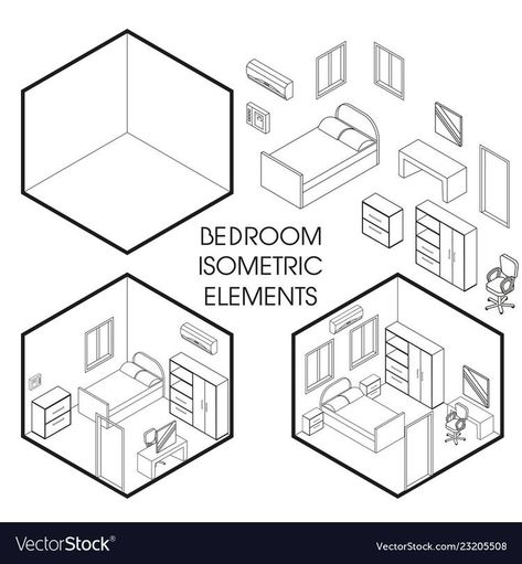 Isometric Room Reference, Bedroom Isometric Drawing, Isometric Drawing Room, Room Base Drawing, Isometric Illustration Room, Isometric Cutaway, Anime Room Illustration, Bedroom Isometric, Isometric Furniture