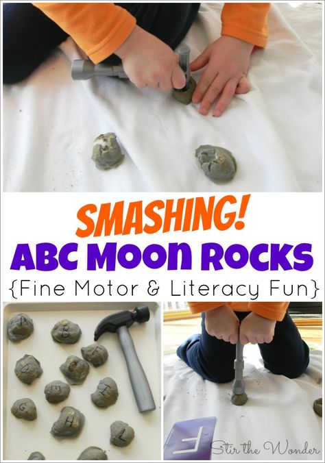 Smashing ABC Moon Rocks | Stir The Wonder Cotton Ball Activities, Abc Matching, Space Theme Preschool, Space Preschool, Fine Motor Activity, Moon Rocks, Space Unit, Space Activities, Moon Rock