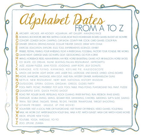 Alphabet Dates from A to Z In preparation to teach a young women lesson on dating this week I thought it would be fun to have a list of fun date ideas and this is what I came up with. A ARCHERY, AR... Alphabet Dating From A To Z, Alphabet Dates From A To Z, Husband Encouragement, Boyfriend Relationships, Alphabet Dating, Dates Ideas, Fun Date Ideas, Cute Date Ideas, Gifts For Boyfriend