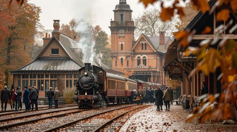 #Vintage #TrainStation: Historic #train ready to depart from an #oldfashioned station with #passengers waiting amidst a #fall setting. #train #station #autumn #leaves #passengers #aiart #aiphoto #stockcake ⬇️ Download and 📝 Prompt 👉 https://stockcake.com/i/vintage-train-station_565200_570439 Old Train Station Aesthetic, Train Station Photography, Train Station Aesthetic, Railroad Track Pictures, Vintage Train Station, Train Village, Track Pictures, 2024 Art, Old Train Station