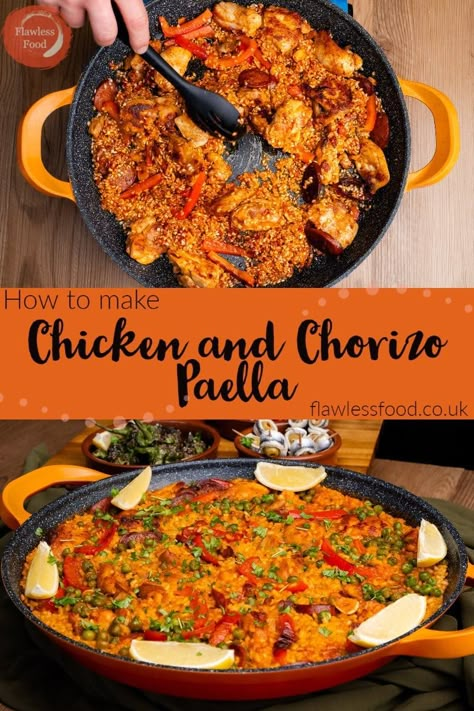 Bring the vibrant spirit of Spain to your dinner table with this delectable Chicken & Chorizo Paella recipe! Bursting with rich flavours and colourful ingredients, perfect for sharing with friends and family. Our step-by-step recipe will walk you through creating an unforgettable meal featuring tender chicken, smoky chorizo, and perfectly cooked rice – complemented by lemon wedges and fresh parsley. #ChickenChorizoPaella #SpanishCuisine #PaellaRecipe #DeliciousDinnerIdeas Spanish Pialla Recipes, Dinner Recipes Spanish, Chicken And Sausage Paella, Spanish Meals Dinners, Spain Meals, Pialla Recipes, Chicken And Chorizo Recipes, Paella Recipe Authentic, Chicken Paella Recipe