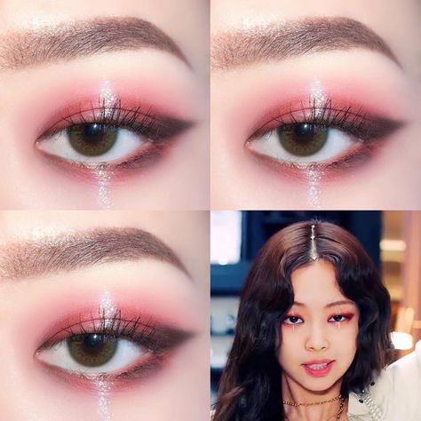 New Jeans Makeup Kpop, Red Eyeshadow Hooded Eyes, Kpop Idol Eye Makeup, Blackpink Eye Makeup, Idol Makeup Korean, Kpop Idol Makeup Look, Kpop Inspired Makeup, Korean Idol Makeup, Kpop Makeup Looks