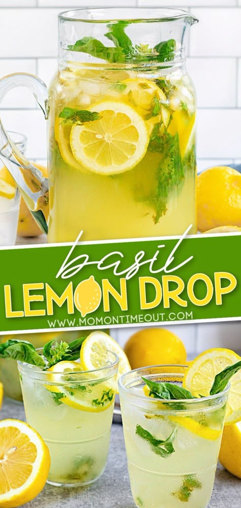 This Basil Lemon Drop is the perfect summer cocktail! Lemon Drop martinis are incredibly refreshing and perfect for patio entertaining. Serve by the pitcher full for easy entertaining at it's best! // Mom On Timeout #basil #lemondrop #cocktail #martini #lemon #summer #drinks #cocktails #entertaining Lemondrop Cocktail, Basil Drinks, Lemon Drop Recipe, Pitcher Cocktails, Patio Entertaining, Mom On Timeout, Cocktail Martini, Summer Drinks Alcohol, Lemon Drop Martini