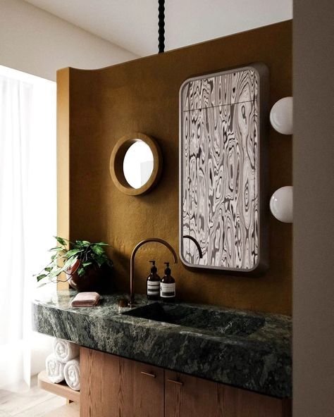 Brown Moody Bathroom, Mid Century Powder Room Ideas, Powder Room Eclectic, Gloomy Bathroom, Lime Wash Bathroom, Mid Century Modern Powder Room, Rust Bathroom, Modern Powder Room, Mediterranean Bathroom