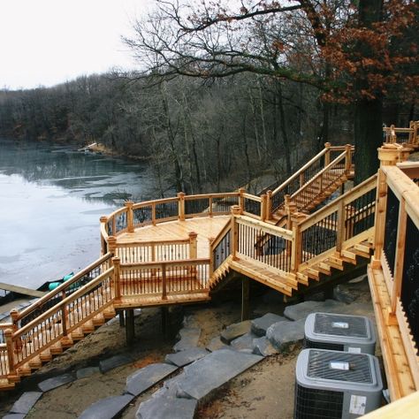 Lakeside Deck, Hillside Deck, Deck Staircase, Cottage Stairs, Landscape Stairs, Multi Level Deck, Deck Building, Sloped Backyard, Hillside Landscaping