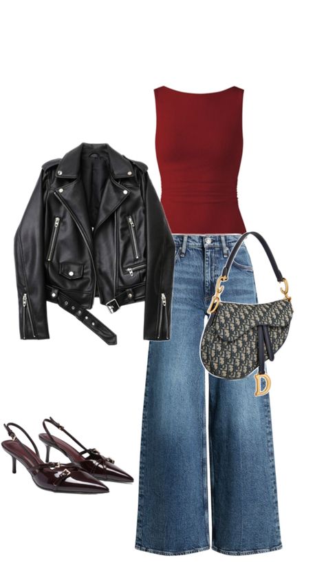 Add a touch of retro flair to your outfit with this red tank top paired with classic jeans and a sleek black leather jacket. Perfect for a trendy and edgy look. #trendy #classic #fashionlook #ootd #outfit #retro Red Tank Top Outfit, Red Top Outfit, Black Leather Jacket Outfit, Outfit Retro, Red Tank Top, Tank Top Outfits, Leather Jacket Outfits, Top Outfit, Red Tank Tops