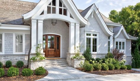 Cedar Shake Exterior, Hampton Style Exterior, Craftsman House Exterior, Craftsman Bungalow Exterior, Lake Cottages, Gray House Exterior, Door And Window Design, Shingle House, Cedar Shake