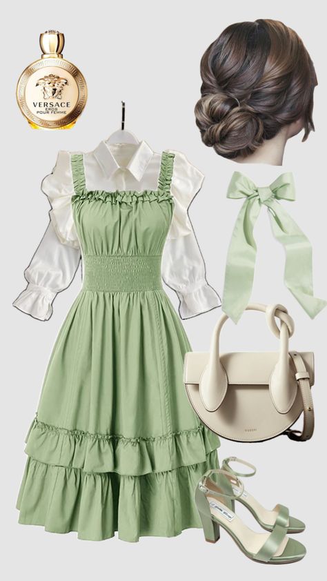 Green cream modest church outfit Elegant Church Outfits, Outfit Ideas Green, Coquette Outfit Ideas, Modest Church Outfits, Pentecostal Outfits, Coquette Outfit, Modest Outfit Ideas, Miami Outfits, Church Outfit