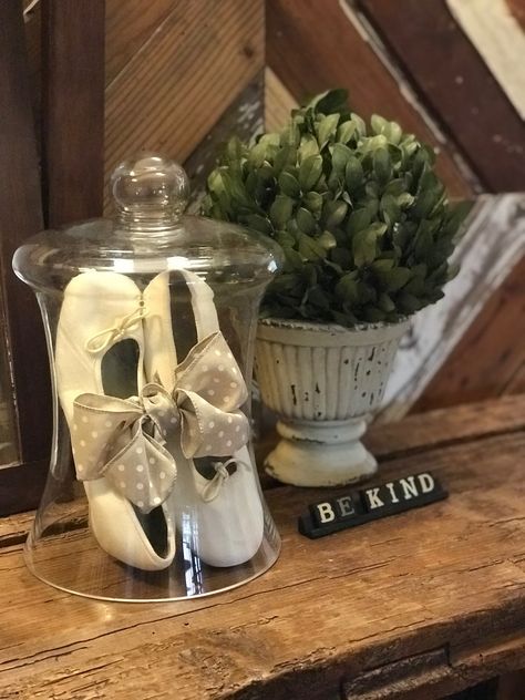 New Year, New Ways to Display Keepsakes. I used an adorable cloche to display my wedding shoes. Courtney Warren Home, Interior Design, Dallas Texas Family Heirloom Display, Rustic Glam Decor, Clearing Out Clutter, Texas Cottage, Waxahachie Texas, Refined Rustic, Keepsake Crafts, Memory Wall, Rustic Glam