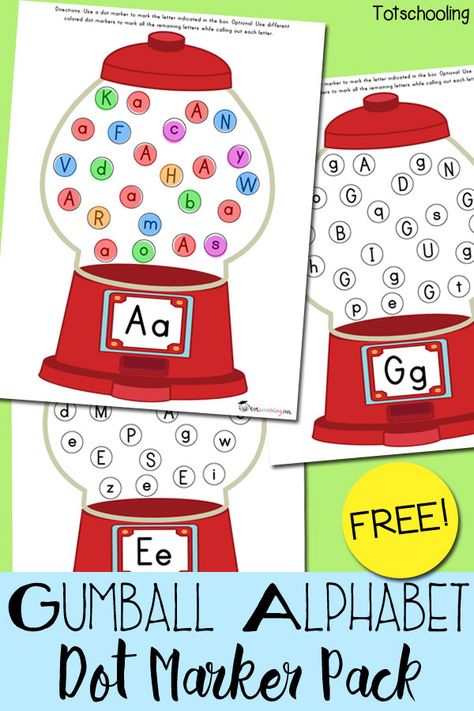 FREE printable Alphabet recognition activity with gumball machines. Find & dot the letter written on each gumball machine, then dot all the remaining letters with different colors while calling them out. Alphabet Recognition Activities, Free Printable Alphabet, Sticker Activity, Gumball Machines, Preschool Letter, Alphabet Chart, Kindergarten Prep, Alphabet Recognition, Abc Activities