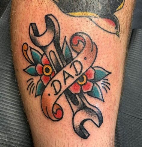 Have you heard that fashion comes back around? Well, the trend for traditional tattoos never went away. Keep up with the times with 50+ traditional tattoo ideas. Old School Memorial Tattoo, Traditional Wrench Tattoo, American Traditional Wrench Tattoo, Traditional Dad Tattoo, Traditional Memorial Tattoo, American Traditional Mom Tattoo, Mom Traditional Tattoo, Traditional Tattoo Names, Electrician Tattoo