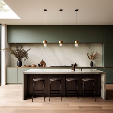 Green Kitchen With Marble, Olive Green Modern Kitchen, New Modern Kitchen, Contemporary Green Kitchen, Green Walnut Kitchen, Marble Kitchen Ideas, Green Wood Kitchen, Kitchen With Island Ideas, Kitchen L Shape