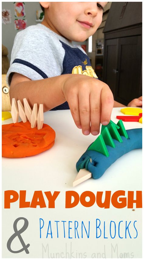 Pattern Blocks and Play Dough. Love this idea for a preschool center! Galaxy Play Dough, Dinosaurs Preschool, Playdough Activities, Preschool Centers, Block Play, Preschool Fine Motor, Invitation To Play, Fine Motor Activities, Play Dough