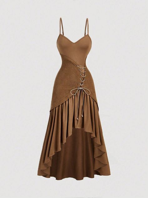 Women Brown Vintage Fabric Patchwork Asymmetrical Ruffle Hem Bodycon Midi Slip Dress,Fall Dresses,Vintage Nomadic Dress Brown Elegant  Sleeveless Knitted Fabric Plain Cami Medium Stretch  Women Clothing, size features are:Bust: ,Length: ,Sleeve Length: Vintage Silk Dresses, Slip Dress Fall, Silk Dress Vintage, Fabric Patchwork, Maxi Dresses Fall, Fall Wedding Guest Dress, Midi Slip Dress, Vestidos Vintage, Brown Vintage