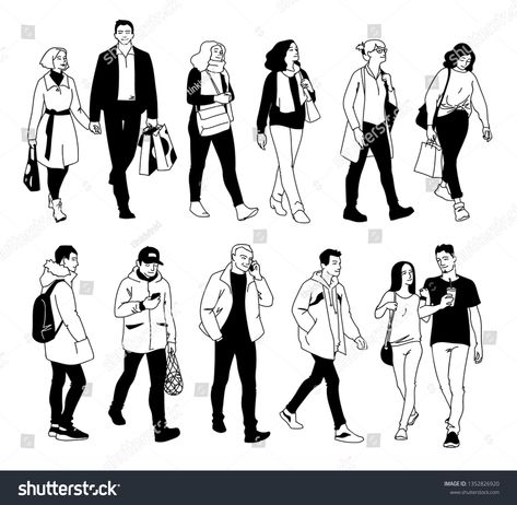 People in different poses. Monochrome vector illustration of set of men and women standing and walking in simple line art style. Front view, side view. Hand drawn sketch isolated on white background. #Ad , #sponsored, #women#men#standing#simple Walking From Front Reference, Walking Pose Front View, Person Walking Reference Side, Walking Side View Drawing Reference, Man Walking Reference, Person Standing Drawing, People In Different Poses, Walking Side View, Side View Drawing