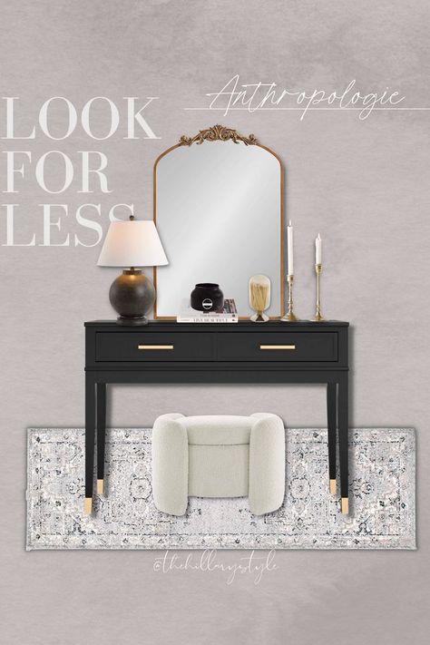 Front Entryway Ideas Foyers, Transitional Entryway Decor, Front Entry Tables, Ottoman Gold, Transitional Entryway, Anthropologie Mirror, Mirror Console Table, Hampton Home, Entry Console Table