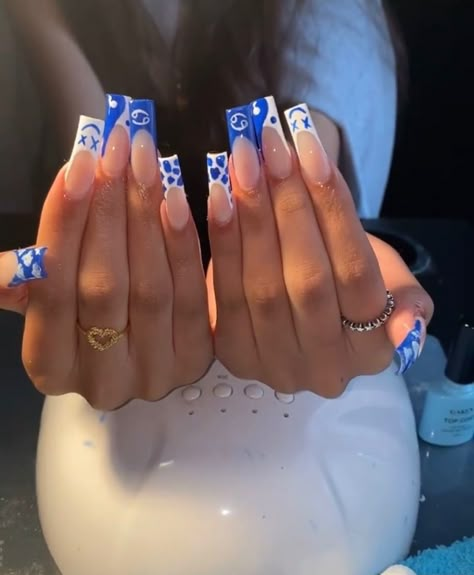 Blue Nail Inspo 2023, Blue And Purple French Tip Nails, Nails Ideas With Rhinestones, Acrylic Nails Ideas Blue, Nail Ideas Blue And White, Blue Nails Acrylic Design, Pretty Blue Nails Acrylic, Acrylic Nail Designs Blue, Cute Blue Nail Designs