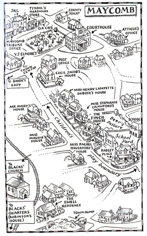 To Kill a Mockingbird's Maycomb is not on any map of the real world, but that doesn't mean it can't be mapped. Here's the world Harper Lee created. Freshman English, High School Literature, Teaching High School English, Secondary English, Teaching Literature, Kill A Mockingbird, High School Ela, To Kill A Mockingbird, English Classroom