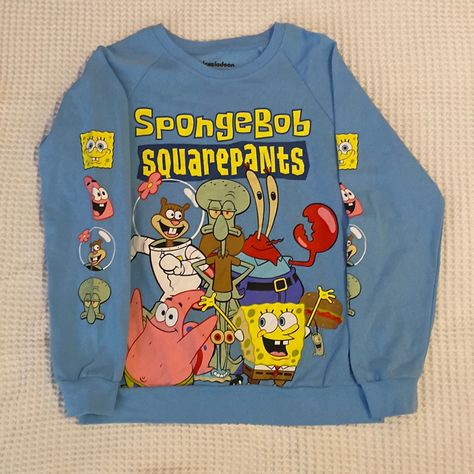 -Add Any *5 For $20* To A Bundle For The Deal! Add Additional Items For Even More Savings!- Juniors Large Sweatshirt/ Long Sleeve Top With All Your Favorite Bikini Bottom Residents! Bnwot Spongebob Merch, Spongebob Clothes, Spongebob Stuff, Spongebob Shirt, Light Blue Long Sleeve, Blue Long Sleeve Top, Square Pants, Blue Long Sleeve Tops, Cartoon Sweatshirts