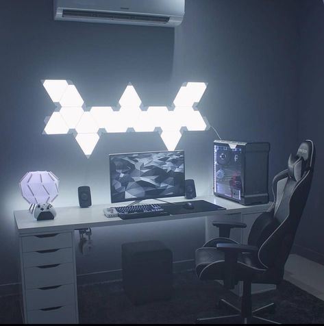 Nano leaf light design idea computer setup idea gaming setup room arrangement idea workspace inspiration computer wallpaper Nanoleaf Designs, Gaming Computer Room, Gaming Desk Setup, Best Gaming Setup, Led Panels, Computer Gaming Room, Gamer Room Decor, Music Studio Room, Pc Gaming Setup