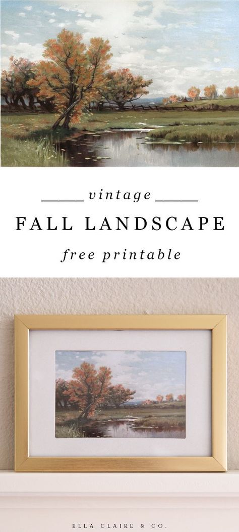 Fall Painting art for your home- A free printable vintage landscape perfect for Autumn decorating, with beautiful, deep muted tree colors and an antique countryside feel that can be printed on paper or canvas. Free Prints For Walls Living Room, Vintage Fall Landscape Paintings, Free Fall Landscape Printables, Autumn Wall Art Free Printables, Free Vintage Landscape Printables, Free Printable Landscape Wall Art, Vintage Fall Artwork, Fall Prints Free, Free Fall Art Printables