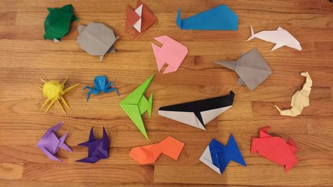 ChemKnits: Origami Sea Creatures - Adventures of a Knitter trying to Fold Paper Fish Origami Easy, Sea Origami, Origami Ocean, Ocean Animals For Kids, Origami Sea Creatures, Sea Creature Origami, Ocean Party Favors, Origami Fish Easy, Origami Aquatic Animals