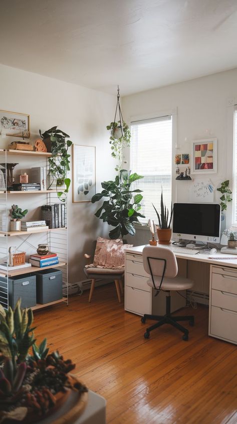 Turn your home office into a zen room that promotes peace and productivity. Learn how to incorporate calming colors, soft textures, and minimalist decor to create a serene work environment. A zen-inspired office can help you maintain focus and reduce stress throughout your workday. Entry Office, At Home Therapy Office, Crystals For Office Space, Zen Office Ideas, Therapist Home Office Telehealth, Calm Workspace, Zen Office, Clean Workspace, Closet Office