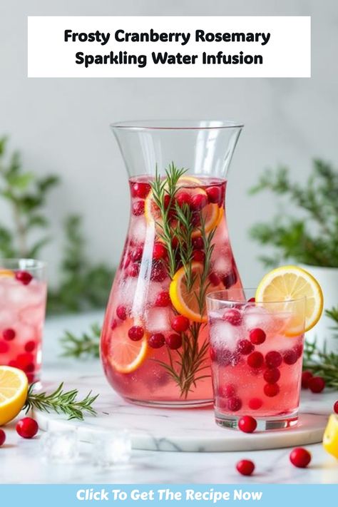 Frosty cranberry rosemary sparkling water infusion, a refreshing blend for winter gatherings. Water With Cranberries, Infused Water For Thanksgiving, Holiday Water Recipes, Infused Water For Christmas Party, Diy Infused Water, Fall Infused Water, Christmas Infused Water, Christmas Flavored Water, Fresh Cranberry Drink Recipes